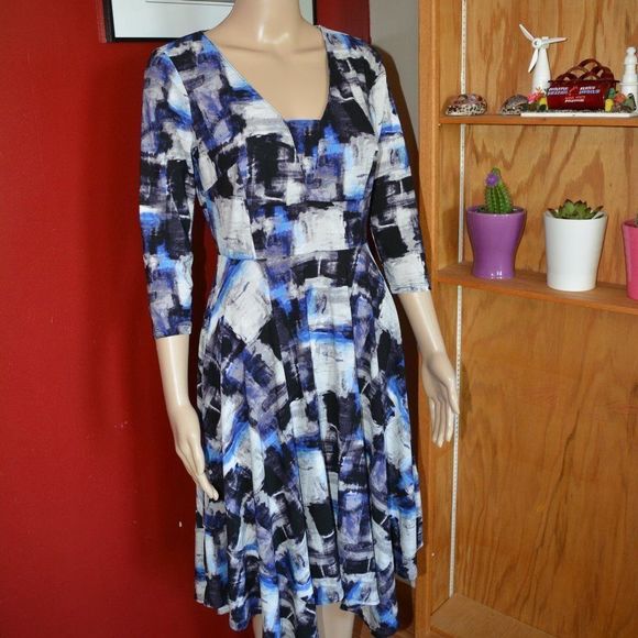 “Simply Vera Vera Wang Abstract Print Midi Dress XS 3/4 Sleeve A-Line Scoop Neck - Picture 6 of 13